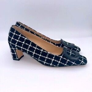Ann Taylor Tweed Buckle Pumps Sz 6M Black Plaid Block Heel Classic Professional